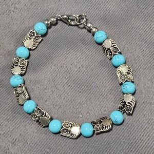 Silver Tone Owl Charm Bracelet Turquoise Blue Faded Stone Beaded 8 Inch